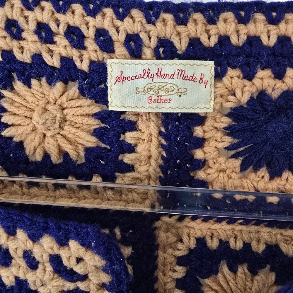Vintage 70s Handmade Crochet Granny Square Open Front Cardigan Jacket OS SEE - Picture 4 of 8